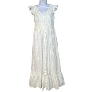 Rachel Zoe White Eyelet Lace Maxi Dress W/ Ruffle Sleeves & Button Front Size 4